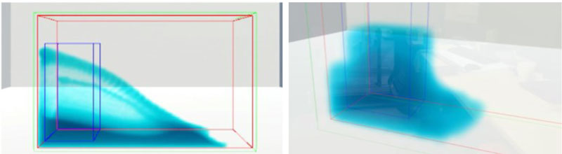 Figure 2: Position Based Fluids (PBF).  Left: 60 FPS, implementation on desktop PC (number of particles 29K, RAM 32 GB, CPU–Intel Core I9 GPU– NVIDIA GeForce RTX 3080).  Right: 8 FPS, Implementation on HoloLens v2 with same number of particles.