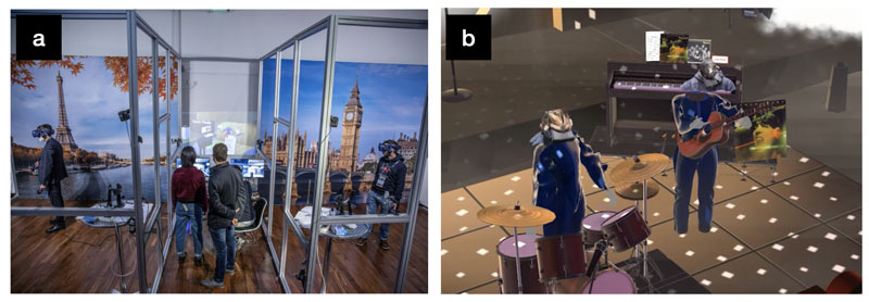 Figure 1: a) Physical setup of two participants (left and right) experiencing a museum in social VR with two operators (middle); b) Virtual experience of the two participants within the virtual museum.