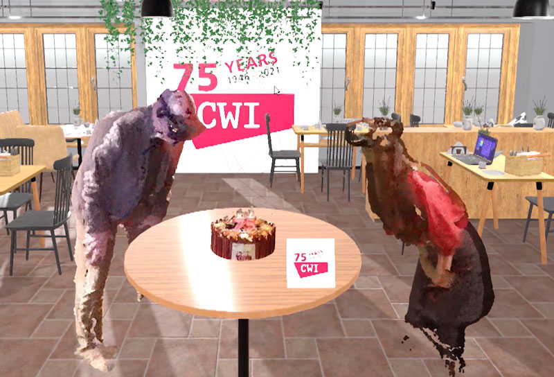 Figure 1: VR2Gather is used to enable a shared celebration for CWI 75 anniversary in 2021, complete with a (virtual) cake.