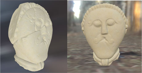 Figure 1: Celtic druid head (300 BC, National Museum in Prague) precise BTF plaener model (left) and the reconstructed head using the same BTF model but another environmental lighting (right.)