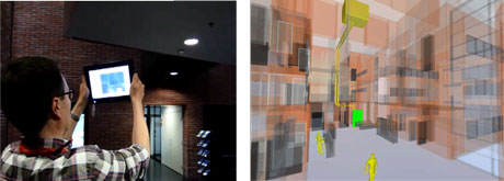 Figure 1: Mobile user browsing the air conditioning problem in AR view (left). BIM with malfunctioning devices highlighted (right).