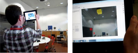 Figure 2: Mobile user finding warnings and alarms in a room (left). Alerts highlighted in mobile AR view (right).
