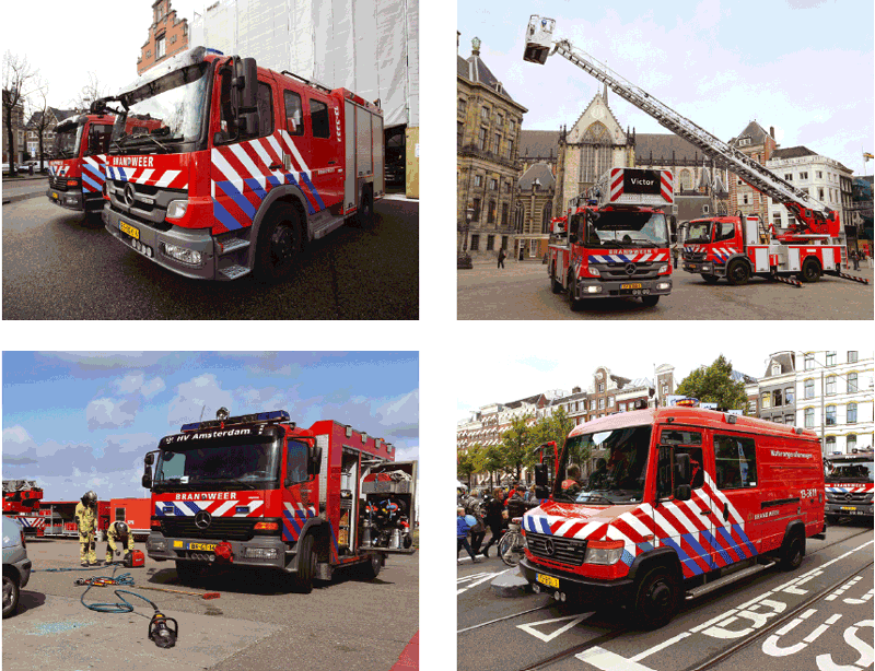Figure 1: Overview of different types of firefighter vehicles:  fire apparatus (top left), aerial apparatus (top right), rescue apparatus (bottom left) and marine rescue units (bottom right). Photos: Jeffrey Koper.