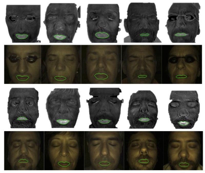 Figure 4: Lip contours segmented on concentration maps, and superimposed on the corresponding colour images.