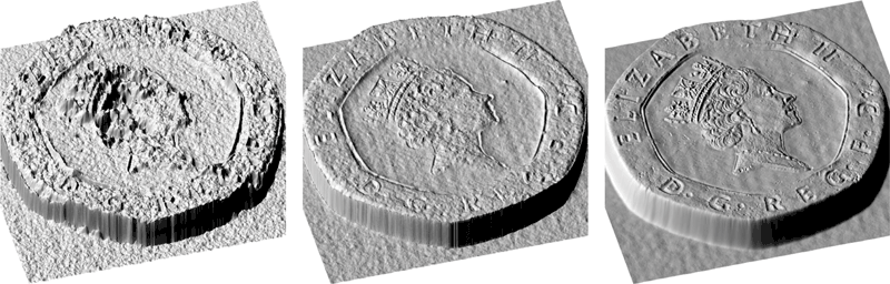 Figure 2: 3D reconstruction of a coin using conventional stereo (left), multi-view stereo obtained with our multi-line scan camera (middle), and combination of multi-view and photometric stereo also obtained with the multi-line scan camera (right).