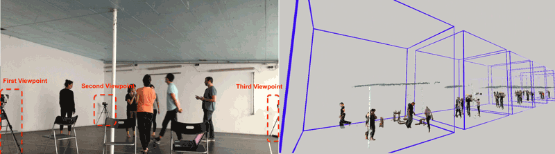 Figure 1: Example of our capture setup (left), and timeline visualisation of a recorded improvisation session. 