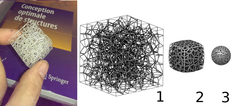 Figure 2: Selective Laser Sintering (SLS) 3D printing technology offers the possibility of creating structured materials with fine-scale geometric details. Optimal transform simulates the deformation of a ‘foldable’ cube into a sphere while preserving the volume at each step of the deformation.