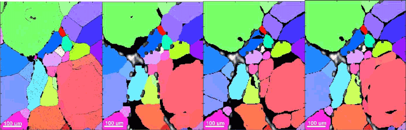 Figure 1: Orientation map of the surface of a rock-salt sample, by means of EBSD (a), 3D-DCT followed by grain dilation (b), single-grain 6D-DCT (c), and multi-grain 6D-DCT where new grains were identified by the reconstruction (d).