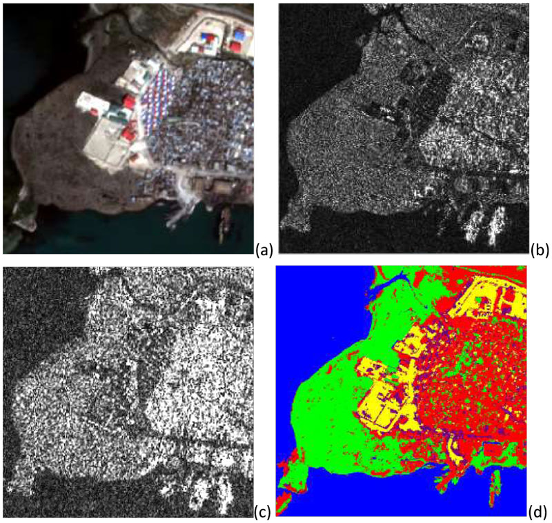 Figure 1: Port-au-prince, Haiti, example of multi-resolution and multi-sensor fusion of remote sensing imagery: (a) Pléiades optical image at 0.5m resolution (Pléiades, © CNES distribution Airbus DS, 2011); (b) COSMO-SkyMed radar image at 1m pixel spacing (© ASI, 2011); (c) RADARSAT-2 radar image at 1.56 m pixel spacing (© CSA, 2011); and (d) multi-sensor and multi-resolution land cover classification result amongst the urban (red), water (blue), vegetation (green), bare soil (yellow), and containers (pink) classes.