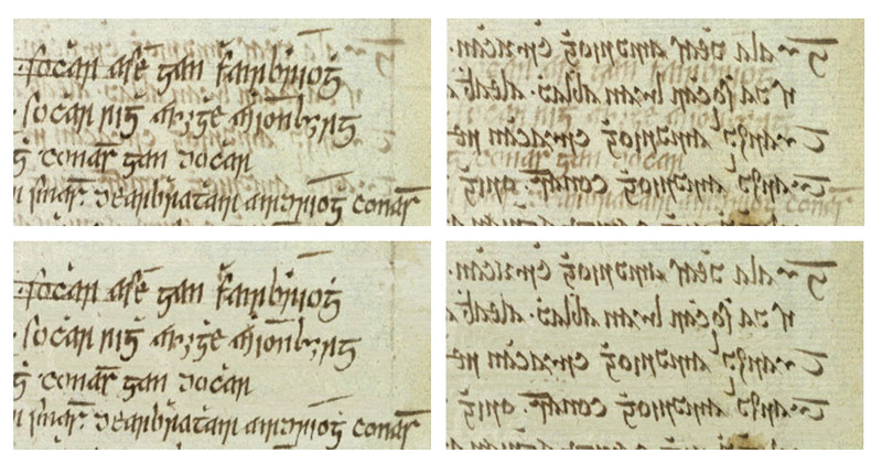 Figure 1: A visual comparison of an original ancient manuscript effected by bleed-through degradation and its restored version using our method. The first row shows the degraded recto and verso pair, and the restored images are presented in the second row.