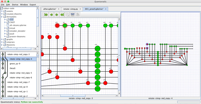 Figure 3: Quantomatic, a proof assistant for diagrammatic reasoning. Here, it is computing a transversal implementation of a CCZ gate within a quantum error correcting code (namely, the [[8,3,2]] colour code; see links [L1] and [L3] for more details).