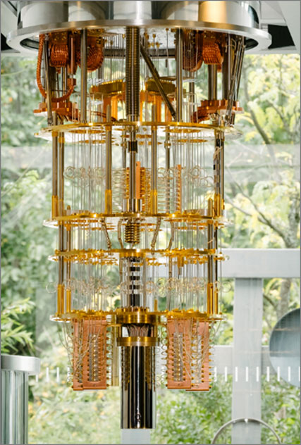 Figure 1: Open cryogenic system for a 50 qubit quantum computing device. The device is hidden inside the shielding tube attached at bottom center. The copper structures to the left and right of the shielding tube contain parametric quantum amplifiers to readout information from the qubits.