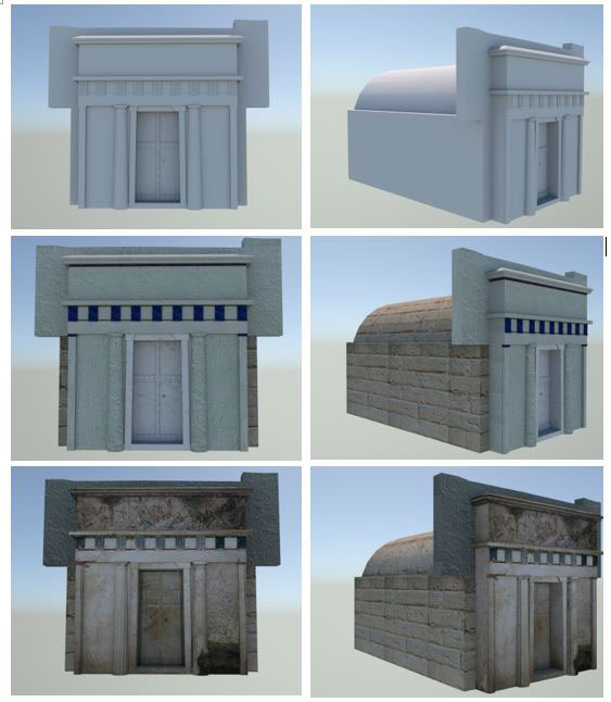Figure 1: Different versions of the 3D model of the Macedonian tomb using Monte Carlo path-tracing global illumination.