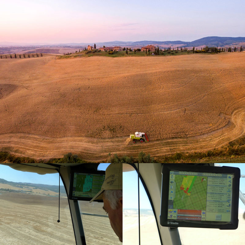 Figure 1: Combines equipped with yield monitoring sensors for measuring and recording information such as grain flow and moisture, area covered and location.