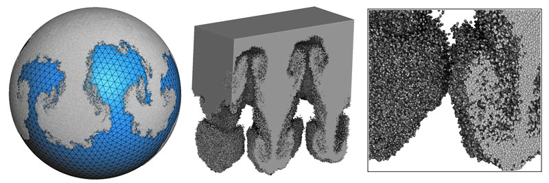 Figure 2: Numerical simulation of Taylor-Rayleigh instability on a sphere (left) and in a 3D volume (right).