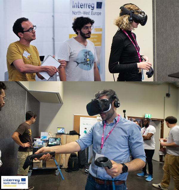 Figure 1: UK Hackathon (4 - 5 July 2018) & French Hackathon (14 - 15 June 2018). Participants of the event experiencing VR tools and pitching their ideas to an international audience.