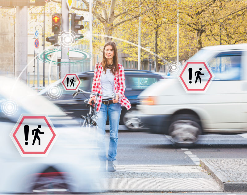 Figure 1: The smart intersection warns cars about the presence of pedestrians. This improves the safety of pedestrians and other vulnerable road users.