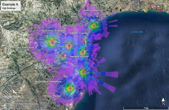 Figure 1: Optimal antennas’ deployment in the city of Larnaca based on the LoRaWAN technology.