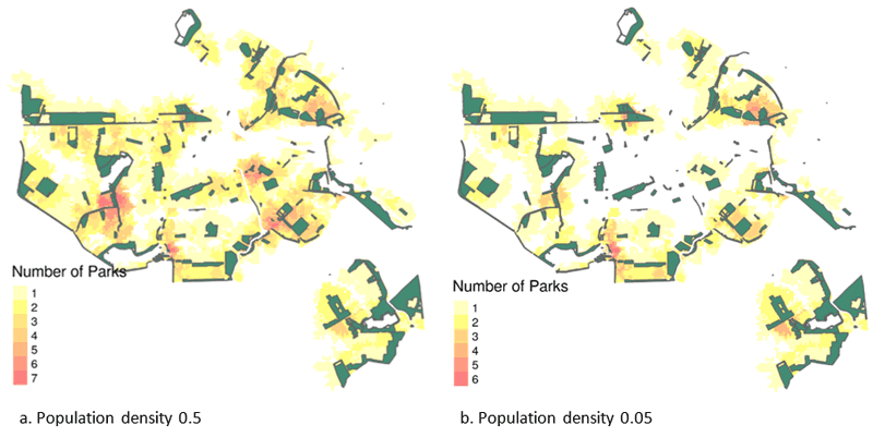 Figure 1: Locations in Amsterdam near a park. The left shows the number of parks within 750m with 2m2 space per person and the right with 20m2 per person. This shows that the inner city has some parks in the immediate surroundings whereas suburbs have multiple parks in close range. However, the parks near the inner city are very busy since they are also used by residents of the suburbs.