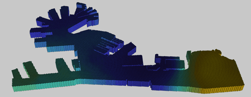 Figure 1: A geometric representation of the harbour in Genoa (Italy). It represents the water volume within the pier structures and the seabed. The 3D model is a structured grid of voxels of equal size and it is generated starting from bathymetric data and known boundaries of the piers. The different colours show an example distribution of an environmental variable associated to grid cells.