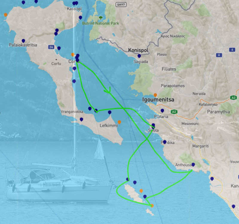 Figure 1: Planning a yachting holiday route is a difficult challenge. A typical 7-day itinerary in the Ionian Sea can be almost any combination between the 35 ports and marinas shown here (Map data © OpenStreetMap, port and marina locations courtesy of http://mykosmos.gr, sample itinerary from http://charter-greece.com)