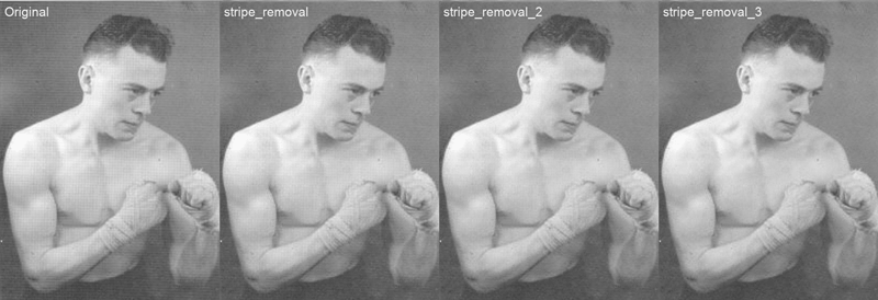 Figure 1: Example of stripe removal (Paul Goffaux, Belgan boxing champion in 1942).