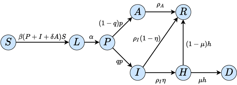 Figure 1: Transition diagram of the compartmental model describing the transmission dynamics of COVID-19.