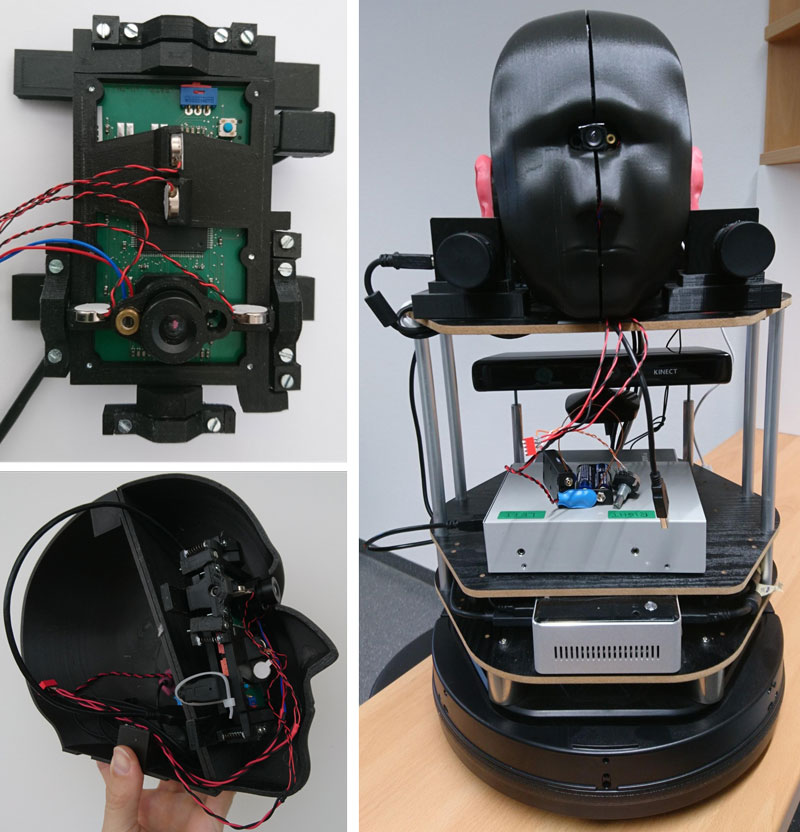 Figure 2: Left top, eDVS in mounted, vibrational frame driven by vibration motors to induce micro saccades for detection of static objects. Left bottom, left side of 3D printed head with eDVS frame and microphone in ear channel. Right side, complete head mounted on robotic platform.
