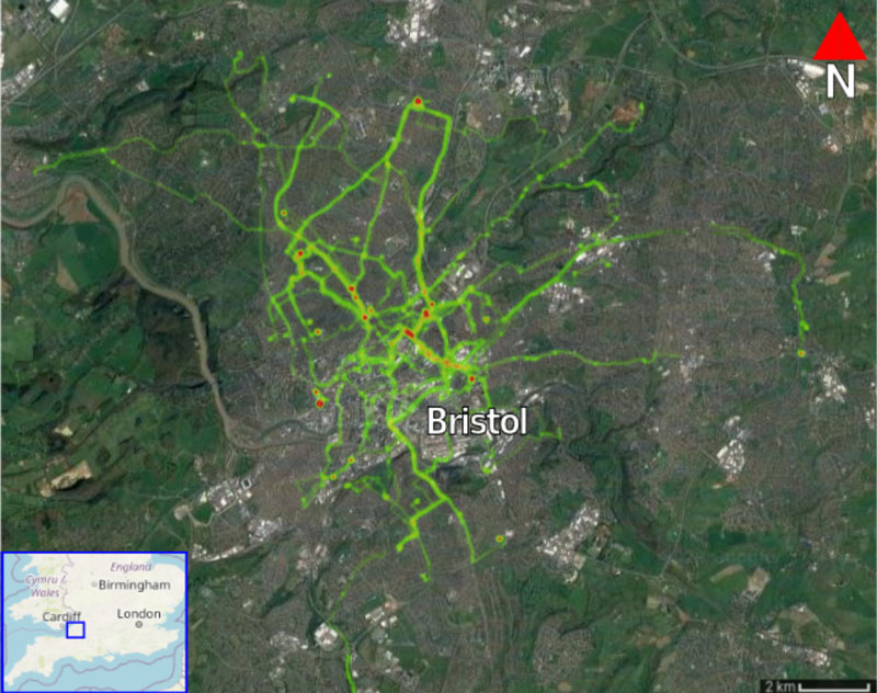 Figure 2: A heat map showing the GPS data recorded by the e-bike telematics system during June 2019.