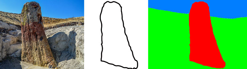 Figure 1: Original picture of a petrified tree, its outline and interest heat map.