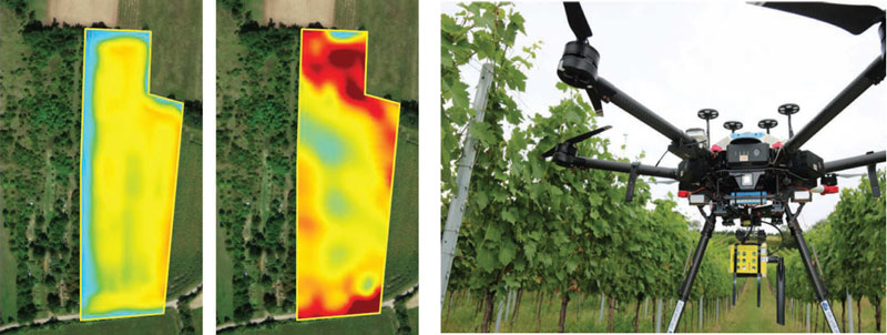 Figure 1: Precision farming system – (left) sensed micro-climate conditions visualiszed by different colours in a vineyard and (right) scanning drone [1].