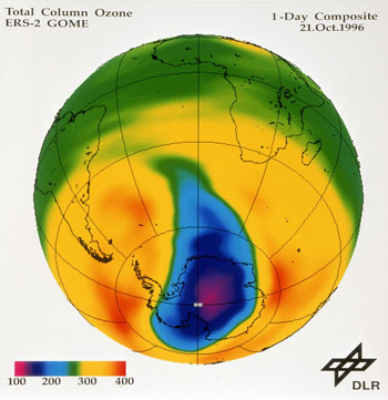 Figure 1: opening of the ozone hole during austral spring. This image was produced from GOME derived data. Image: ESA