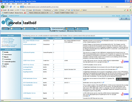 Figure 1: The testbed interface, listing services.