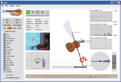 Figure 2: A screen snapshot of the i-Maestro 3D Augmented Mirror (capturing and analysing audio, video, 3D motion data, pressure and balance).