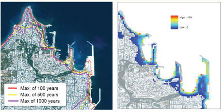 Figure 2: Probabilistic maps for  the city of Rhodes: inundation lines for 100, 500 and 1000 years superimposed on an IKONOS satellite image (left); frequency of inundation among 100 runs for 1000 years depicted in colours over the satellite image (right).
