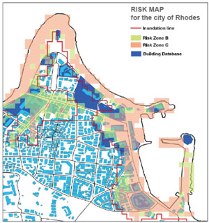 Figure 3: Tsunami risk map for the city of Rhodes (northern part of the port), with the different risk zones according to the flow depth and the inundation line. 