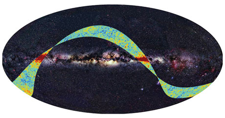 Figure 1: The first microwave sky data released by the Planck mission, superimposed to an all-sky map at optical wavelengths. The bright equatorial area represents the intense radiation from our Milky Way galaxy. The microwave data are mapped through a colour scale that indicates the deviations of the radiation temperature from the average background value of 2.726 K (red is hotter and blue is colder). Date: 17 Sep 2009 Satellite: Planck. Copyright: ESA, LFI & HFI Consortia (Planck), Background image: Axel Mellinger.