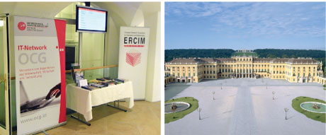 Joint ERCIM-OCG booth at SAFECOMP (left) and the conference venue Schönbrunn Palace in Vienna.