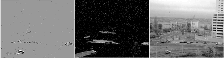 Figure 2. Temporal contrast change events, change-triggered exposure data starting from an empty image, and continuous-time video stream. The event-based video contains the same information as standard frame-based video at data rates reduced by orders of magnitude.