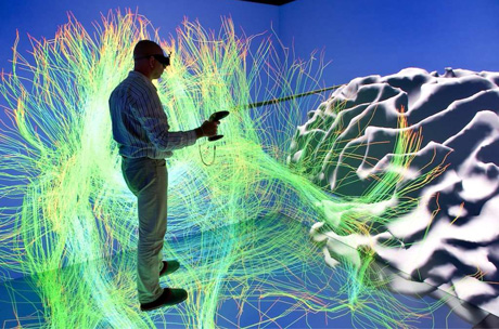 Figure 1:  Immersive interaction with brain fibers and cortex reconstruted from MR Images.