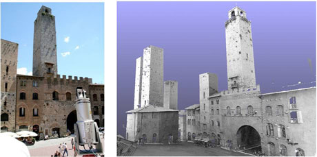 Figure 1: Acquisition of the tower’s geometry by means of a TOF laser scanner (on the left),  3D digital model of the Rognosa tower and the Cathedral Square (on the right). 