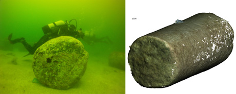 Figure 2: An underwater photographer during the 3D acquisition, and the reconstructed 3D model.