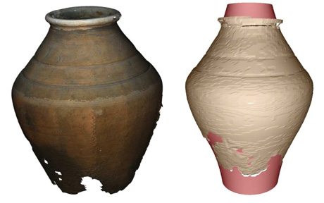 Figure 1: Comparison between a reconstructed vase and the results of a generative enrichment with real-world geometry. The light red parts do not have a counterpart in the input data set, whereas the light brown parts correspond to the input data set.