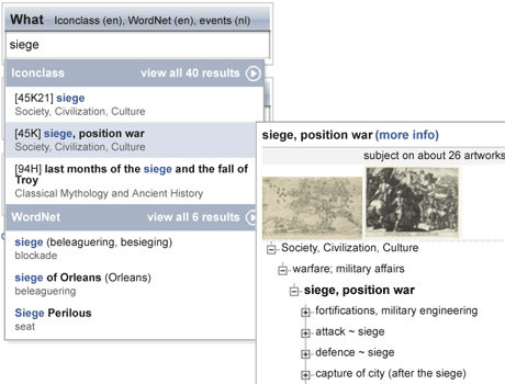 Figure: Art annotation application developed by CWI in cooperation with the Rijksmuseum.  While the user is typing, the interface suggests terms from different public web data sources, in this case RKD's IconClass and Princeton's WordNet.