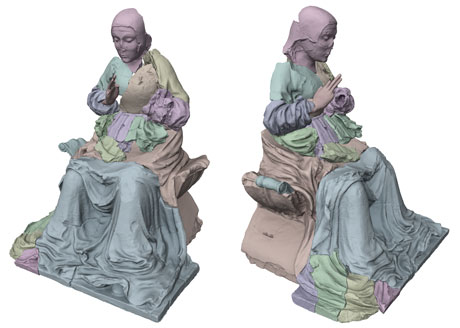 Figure 1: Images of the digitally recomposed statue (the different fragments are rendered with different surface color). This was the starting point for the actual physical restoration of the fragments.