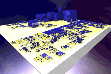 Figure 1: A depiction of the Eclipse IDE (approx. 4 million lines of Java source code) as a software city. The 1,900 packages making up the system are rendered as districts, which contain close to 29,000 classes, rendered as buildings. The height of the buildings represents the number of methods of the classes; the base size represents the number of variables.