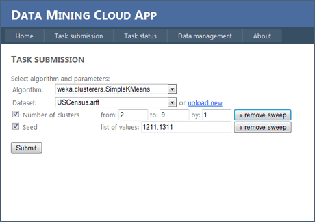 Figure 2: Data Mining Cloud App website: A screenshot from the task submission section.