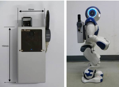Figure 1: Prototype of LED projector unit (left) mounted on the humanoid NAO robot (right)