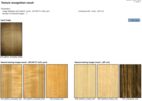 Figure 1: Apple wood sample taken by a smartphone camera and the three closest query results using Markovian and LBP textural features.