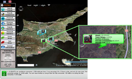 Figure 1: A snapshot of Social Electricity application showing a map of Cyprus with a user’s friends appearing in green if their consumption is low and red if their consumption is relatively high.